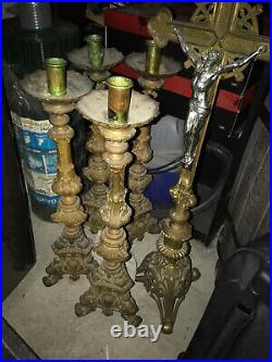 1 lot of ANTIQUE BRASS CANDLEHOLDERS and Crucifix
