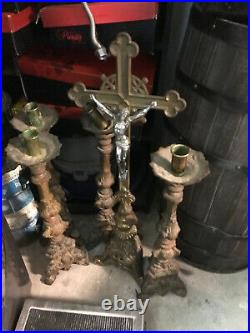 1 lot of ANTIQUE BRASS CANDLEHOLDERS and Crucifix