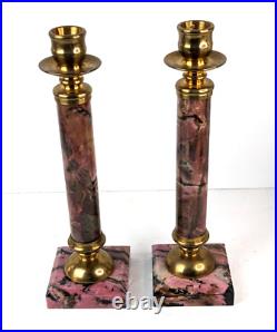 10 Tall Pair Classic Vintage Genuine Pink Marble & Brass Candlesticks Elegant