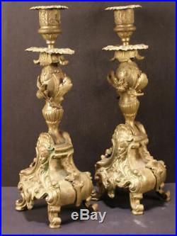 1800s Art Nouveau French Gilt Dore Figure Brass Candle Holder Stick Rococo 19 c