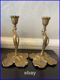 1880s Pair Antique Brass iris candle holders gold leaf flower candlesticks