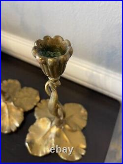 1880s Pair Antique Brass iris candle holders gold leaf flower candlesticks