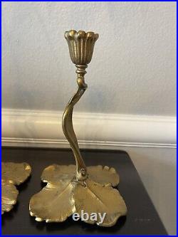 1880s Pair Antique Brass iris candle holders gold leaf flower candlesticks