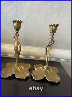 1880s Pair Antique Brass iris candle holders gold leaf flower candlesticks