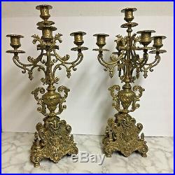 19 Tall Pair Vintage Italian Ornate Brass Candelabras Heavy 5 Candle Holders