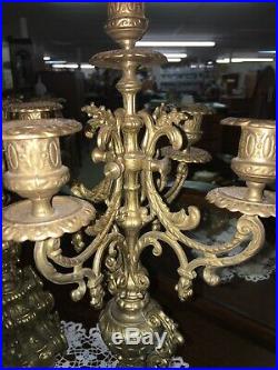 19 Tall Pair Vintage Italian Ornate Brass Candelabras Heavy 5 Candle Holders