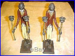 1920-1940 Pair Of Rare Bronze Brass Painted Monkey Butler Candle Holders 17 In