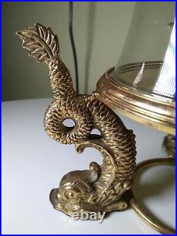 1950's Antique Coy Fish Hurricane Brass Lamp Candle Holder 18 Tall