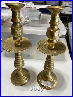 1950's Vintage Etched Brass Moroccan Candle Holder With Drip Tray Set Of 2