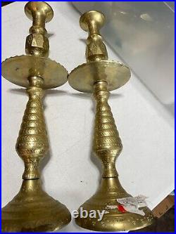 1950's Vintage Etched Brass Moroccan Candle Holder With Drip Tray Set Of 2