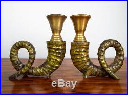 1970s Vintage Chapman Brass Ram Horn Style Candle Holders Hollywood Regency