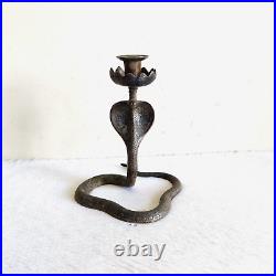 19c Vintage Original Old Silver Artwork Zinc Cobra Snake Shape Candle Stand M124