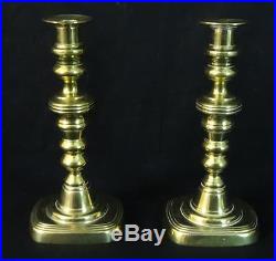 19th Century Pair of Antique English Brass Victorian Candlesticks 9.25 Tall