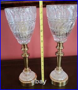 (2) 16 Tall Brass & Crystal Glass Table or Mantle Candle Holder Torche