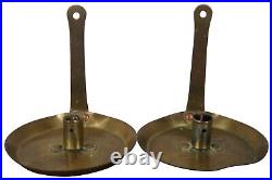 2 Antique Brass Candle Holders Chamber Stick Wall Hanging Frying Pan Candlestick