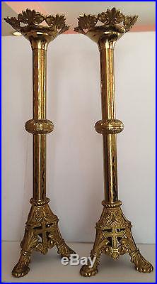 2 Antique Brass Italian Church Altar Cross Cande Holders Candle Sticks 30 20lb