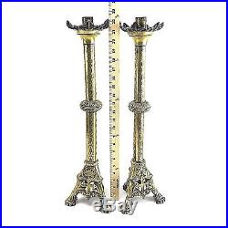 2 Antique Brass Italian Gothic Church Altar Cross Candle Holders Candlesticks