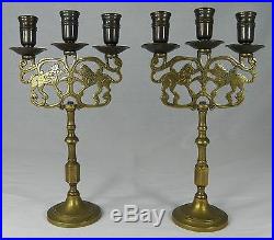 2 Antique Brass LION CANDELABRAS Candle Holders Judaica NY Brass 11.25 Sabbath