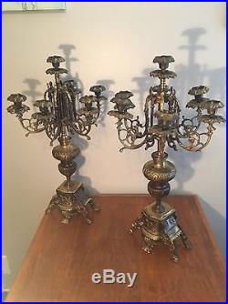 2 Antique Candelabra Brass 22 Tall Candle Holder Vintage Metal