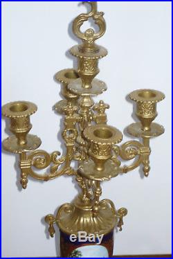 2 Antique Candelabra Italy Italian Brass Bronze Cobalt Porcelain Makers Marking
