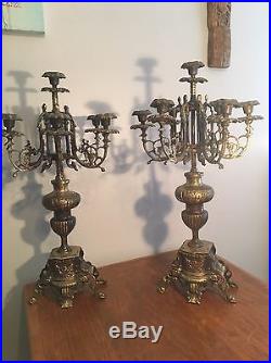 2 Antique Candelabras Brass 22 Tall Candle Holder Vintage Metal