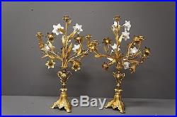 2 Antique French Brass Floral Altar Candelabras Glass Lilies 5 Light Nouveau