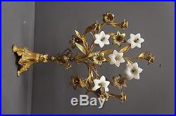 2 Antique French Brass Floral Altar Candelabras Glass Lilies 5 Light Nouveau
