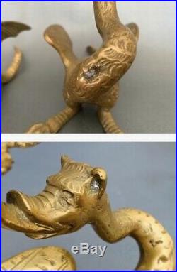 2 Antique French Brass Gothic Winged Dragon Griffin Candlesticks Candle Holders