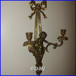 2 Antique French Rocco Style Cherub Brass Wall Sconce Candle Holder Ribbon 22