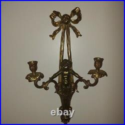 2 Antique French Rocco Style Cherub Brass Wall Sconce Candle Holder Ribbon 22