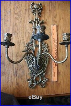 2 Antique French Sconces Candle Holder bird bow Brass bronze Vintage NO Crystals