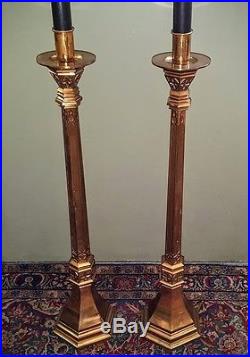2 Antique Gothic Heavy Brass Church Candlesticks Candle Holders Floor Altar 61