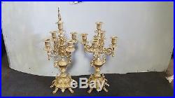 2 Antique Heavy Brass 5 Candle Holders Very Ornate Candelabras Made In Italy