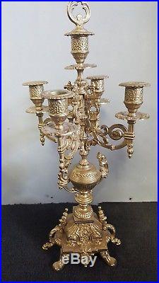 2 Antique Heavy Brass 5 Candle Holders Very Ornate Candelabras Made In Italy