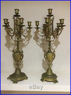 2 Antique Ornate Solid Brass Candelabra Candle Holder Lion Head Mantel Display
