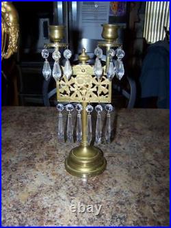 2 Antique Unique French Unique Brass Crystal Candleabrum 14