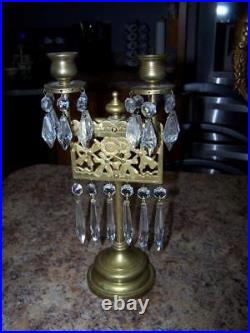 2 Antique Unique French Unique Brass Crystal Candleabrum 14