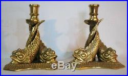 2 Antique Vintage Bronze Brass Candle Holders Candlesticks Fish Griffin DOLPHINS