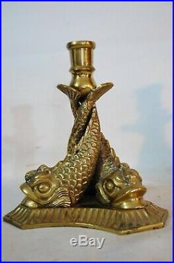2 Antique Vintage Bronze Brass Candle Holders Candlesticks Fish Griffin DOLPHINS