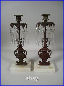 2 Antique Vintage Victorian Style Girandole Brass Crystal Marble Candle Holders