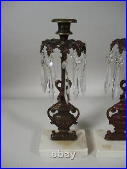 2 Antique Vintage Victorian Style Girandole Brass Crystal Marble Candle Holders