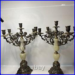 2 Antique Vtg Candelabra Italy Solid Brass And Onyx Ornate 5-Arm Candleholder