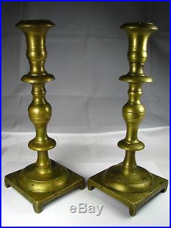 2 BRITISH SOLID BRASS CANDLESTICKS PAIR CANDLE HOLDERS England c1850s Excel Cond