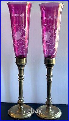 2 Brass Candlesticks Cranberry Cut Glass Hurricane Shades Decorative Crafts Inc
