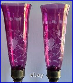 2 Brass Candlesticks Cranberry Cut Glass Hurricane Shades Decorative Crafts Inc