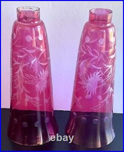 2 Brass Candlesticks Ruby Red Cut Glass Hurricane Shades Decorative Crafts Inc