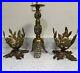 2 Brass Leaf Vases or Display Stands And A Brass Ornate Tall Candle Holder