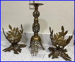 2 Brass Leaf Vases or Display Stands And A Brass Ornate Tall Candle Holder