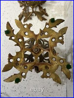 2 Brass Leaf Vases or Display Stands And A Brass Ornate Tall Candle Holder