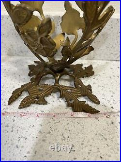 2 Brass Leaf Vases or Display Stands And A Brass Ornate Tall Candle Holder